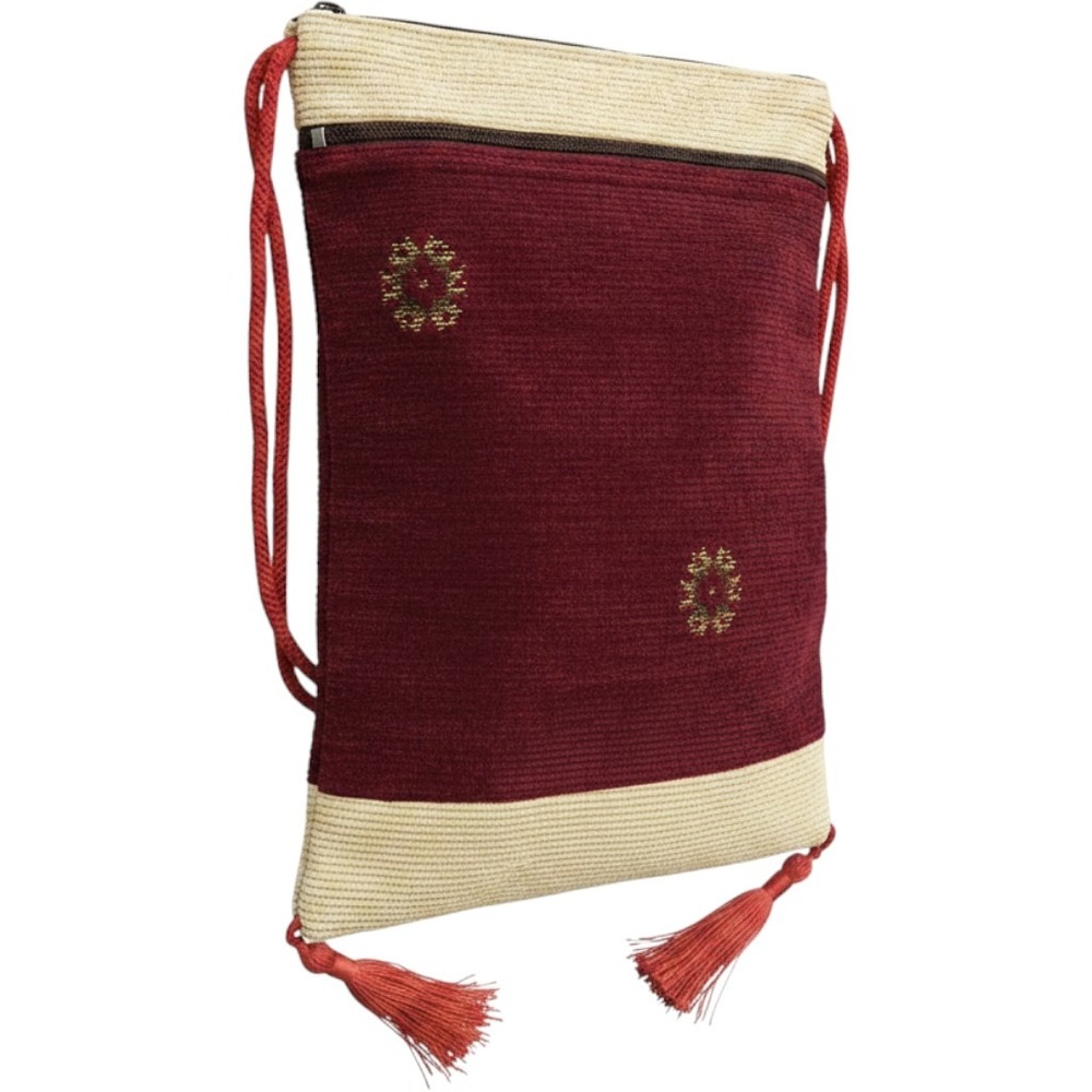 Boho Burgundy Chenille Crossbody Bag Gold Floral Embroidery Tassel Red Rope Stra